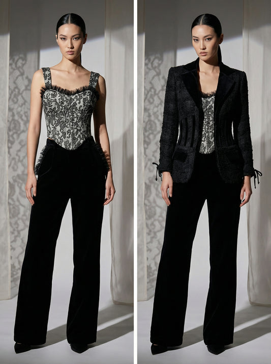 "SOPHIE" SET (CORSET TOP + PANTALONE PALAZZO + CORSET BLAZER)